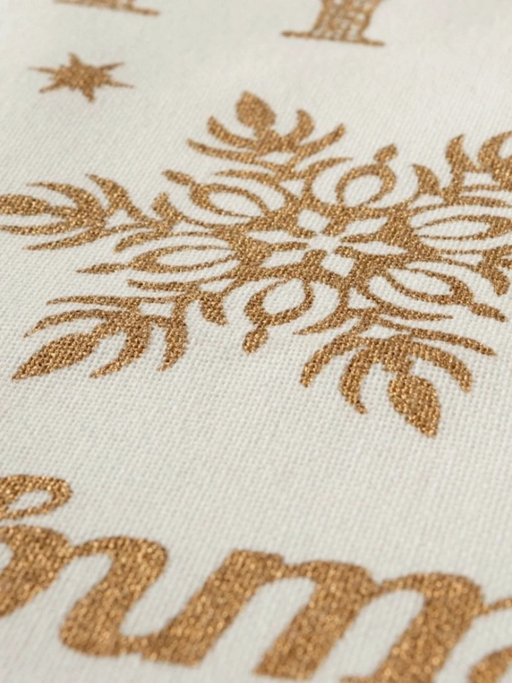 Neutral White and Gold Holiday Table Runner - Festive Word Print